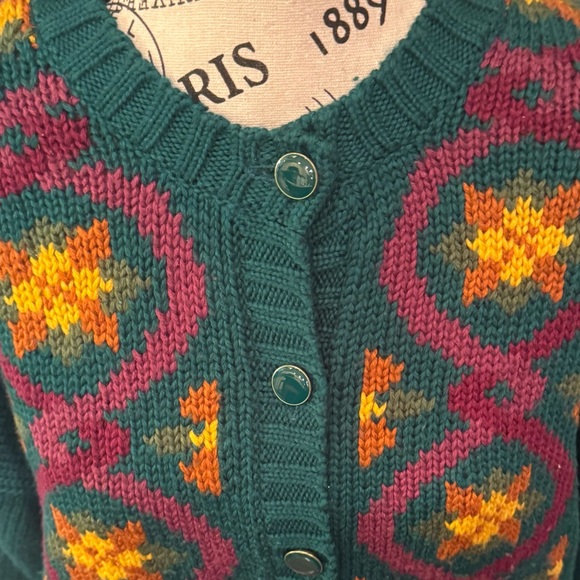 Dark Green Vintage Russ Art Deco Cardigan Sweater Women’s Large Floral Wool - Picture 2 of 7